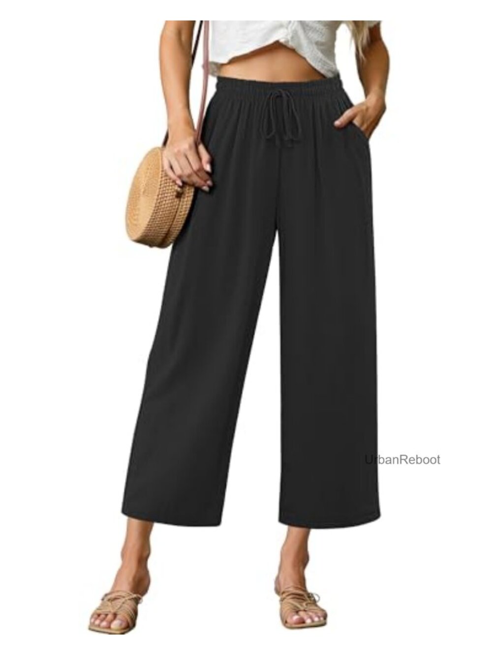 High Waisted Wide Leg Capri Elastic Waist Linen Blend Casual Beach Pants